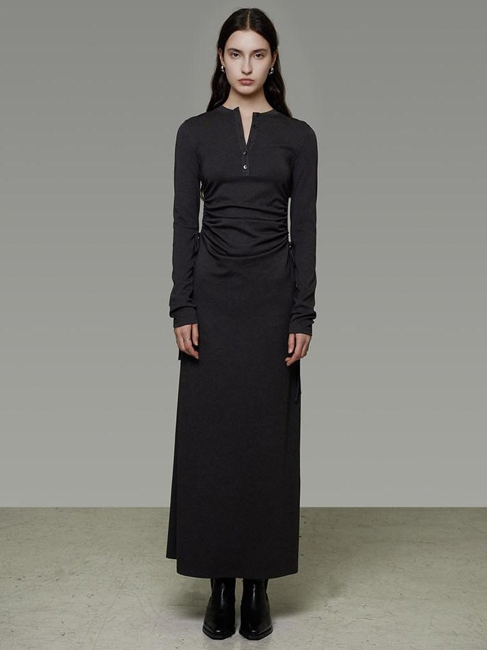 unspoken Breathable Tencel Ruched High Waist A Line Long Sleeve Slim Office Maxi Dresses