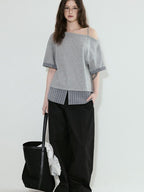 fano Cotton Blend Loose Korean Women Half Sleeve Bardot Off Shoulder Crop Tops