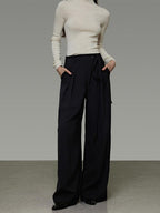 unspoken High Waist Tie Detail Minimalist Breathable Office Black Polyester Wide Leg Pants