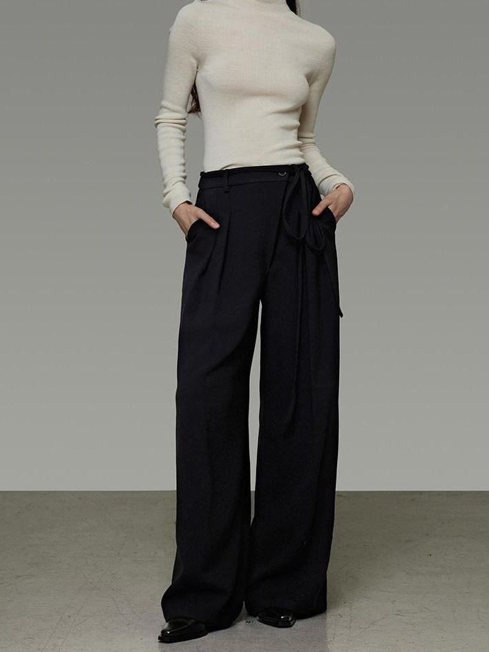 unspoken High Waist Tie Detail Minimalist Breathable Office Black Polyester Wide Leg Pants