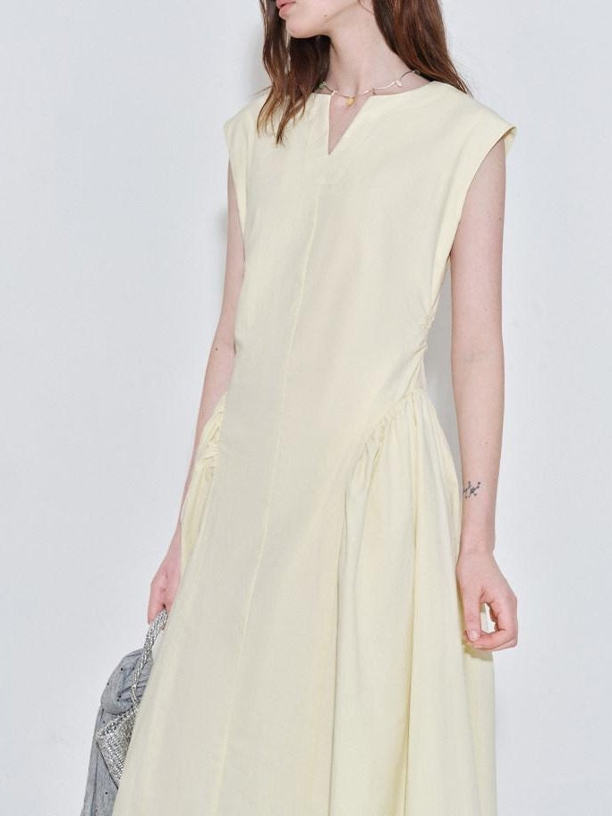 fano Pure Cotton Minimalist V-neck Sleeveless A Line Casual Women Yellow Maxi Dresses