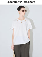 audreyyang Pure Cotton Loose Fit Casual Round Neck Women White Navy Short Sleeve T-Shirts
