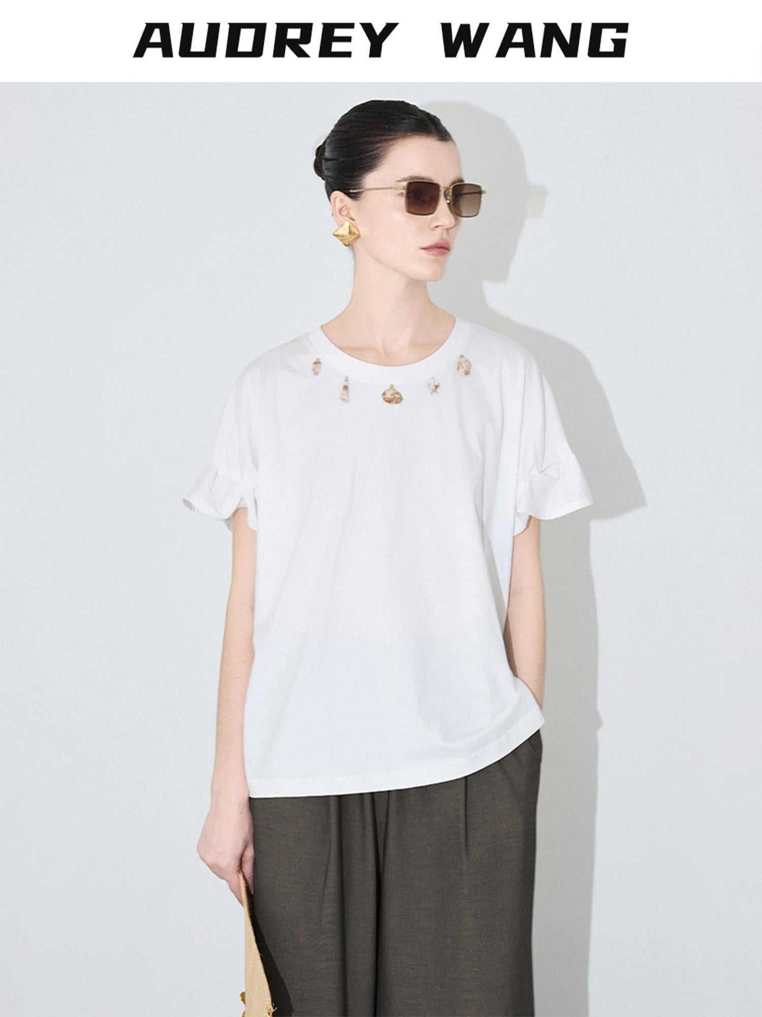 audreyyang Pure Cotton Loose Fit Casual Round Neck Women White Navy Short Sleeve T-Shirts