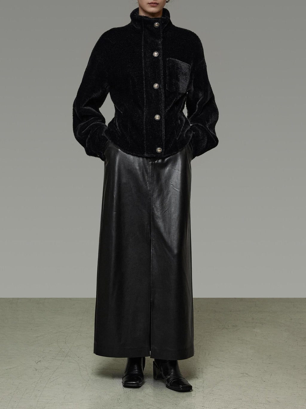 unspoken High Waist Textured H Line Straight Minimalist Workwear Black Midi Skirts