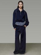 unspoken Breathable Soft Cotton Minimal Mid Rise Drawstring Navy Women Wide Leg Pants