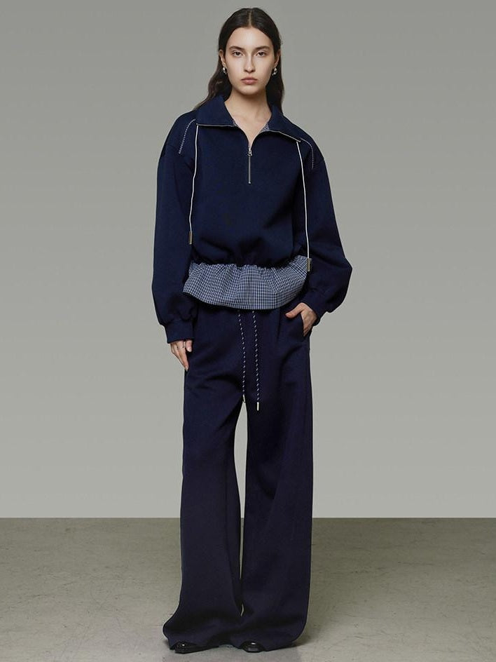 unspoken Breathable Soft Cotton Minimal Mid Rise Drawstring Navy Women Wide Leg Pants
