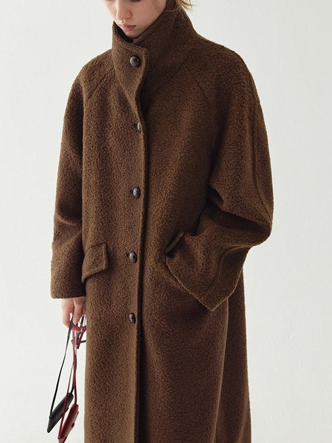 fano Soft Wool Blend Straight Cut Stand Collar Pockets Commuter Midlength Wool Coats