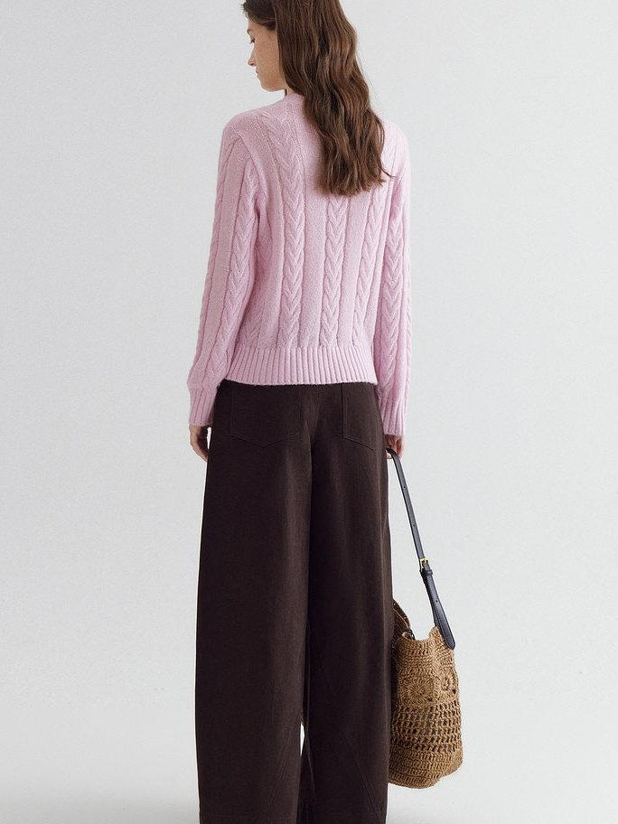 fano High Waist Cotton Warm Minimal Commuter Pocket Button Women Brown Wide Leg Pants