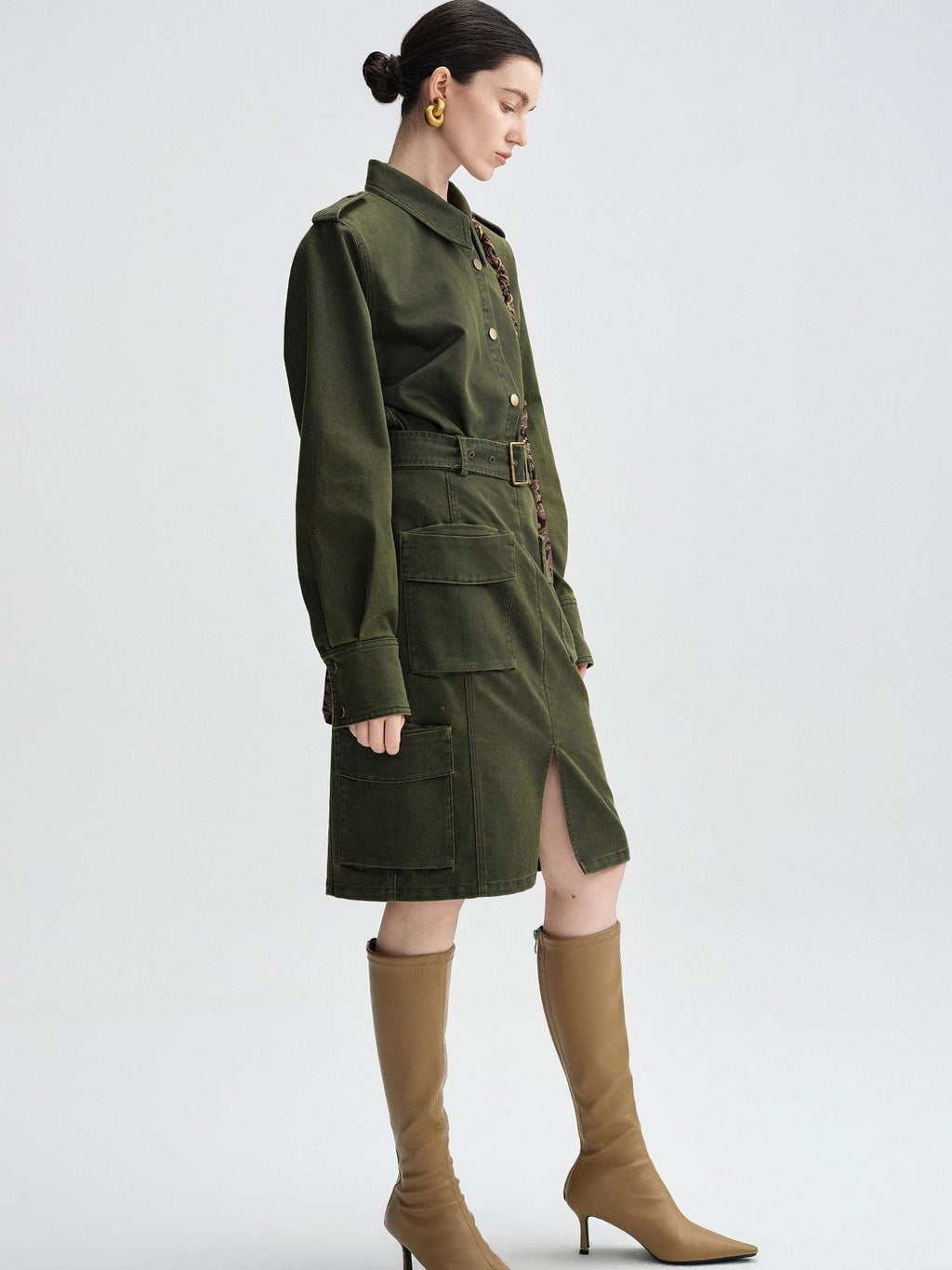 audreyyang Thick Cotton Cinched Waist Vintage Long Sleeve Army Green Top & Skirt Sets