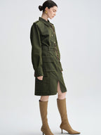 audreyyang Thick Cotton Cinched Waist Vintage Long Sleeve Army Green Top & Skirt Sets