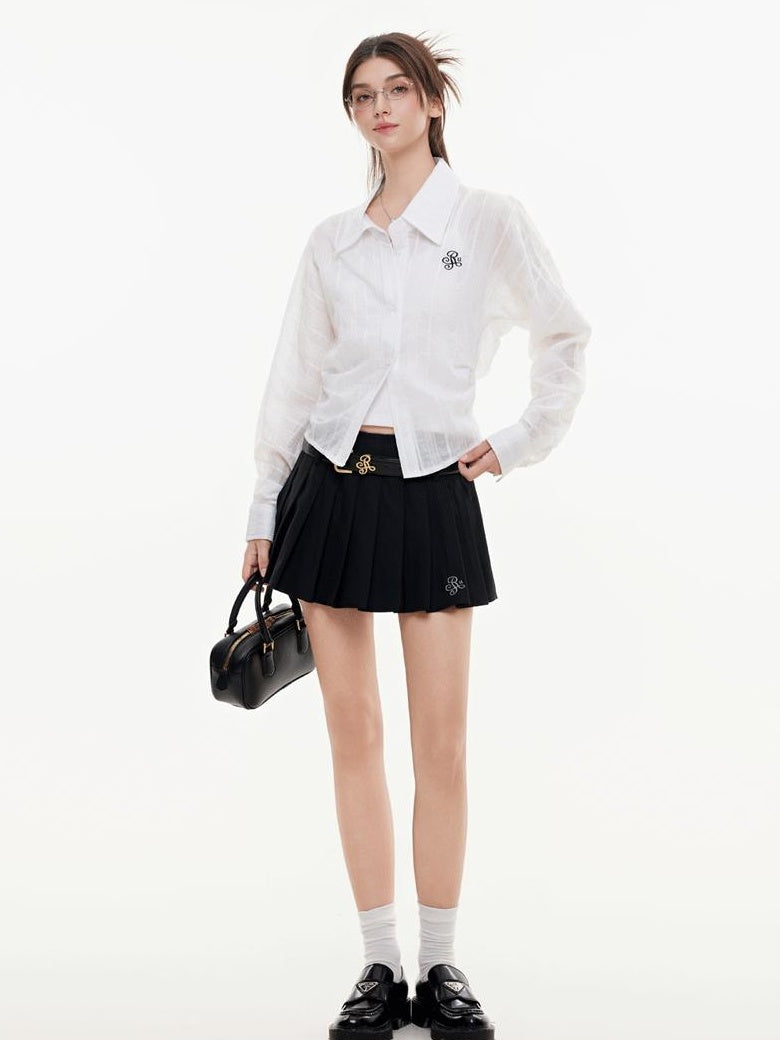 ikyou Breathable Lyocell Embroidered Slim Lapel Cardigan Short Work Women Shirts