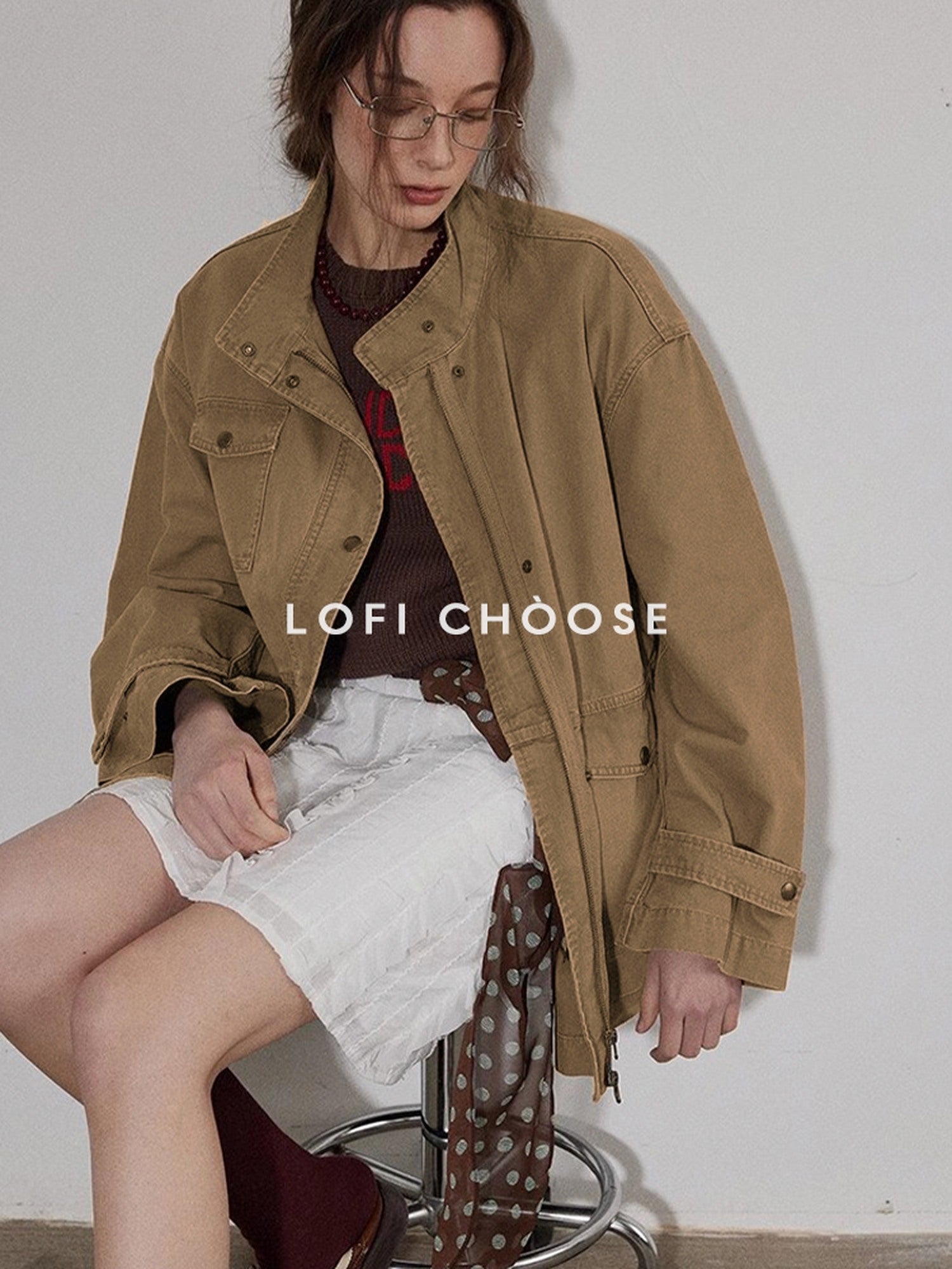 Lofi choose Airy Loose Fit Commuter Lapel Button Longsleeve Solid Khaki Cropped Jackets