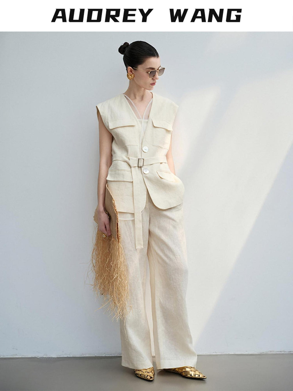 audreyyang Light Cream Linen V-neck Button Vest With Long Pants Women Top & Pants Sets