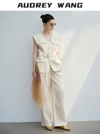 audreyyang Light Cream Linen V-neck Button Vest With Long Pants Women Top & Pants Sets