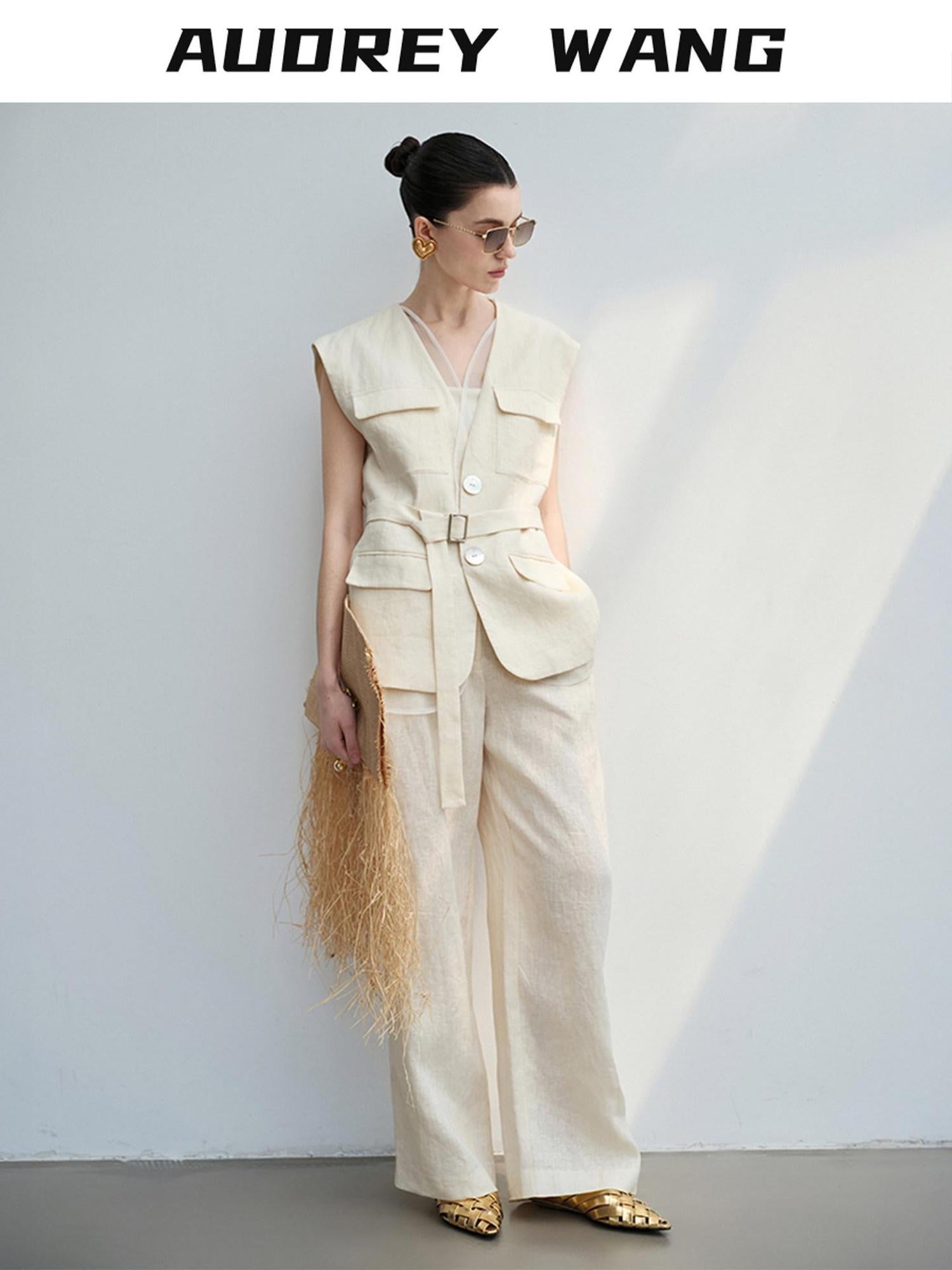 audreyyang Light Cream Linen V-neck Button Vest With Long Pants Women Top & Pants Sets