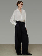 unspoken Breathable Lace V-neck Loose Fit Office Women Button Long Sleeve Blouses