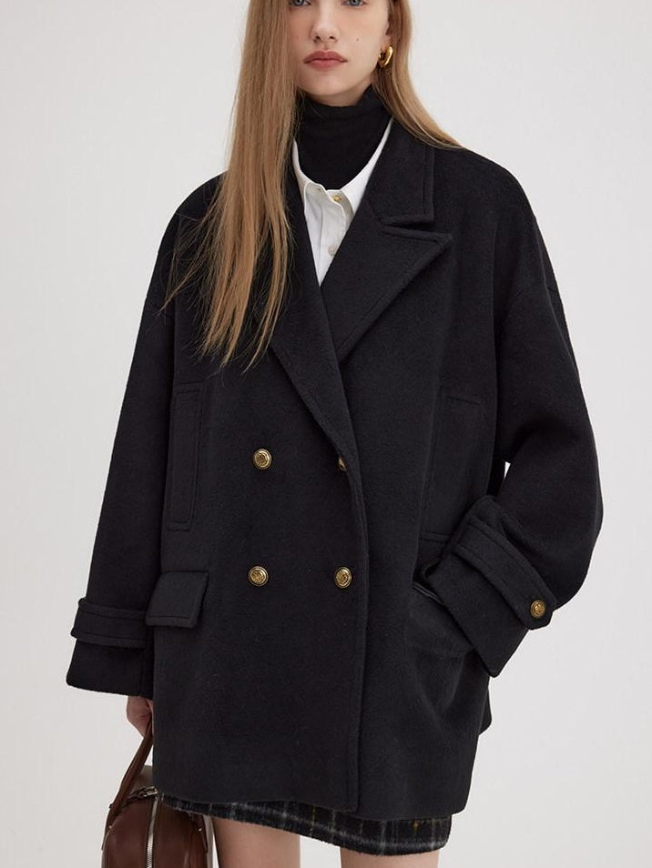 fano Minimalist Commuter Straight Fit Double Breasted Lapel Pocket Women Short Coat