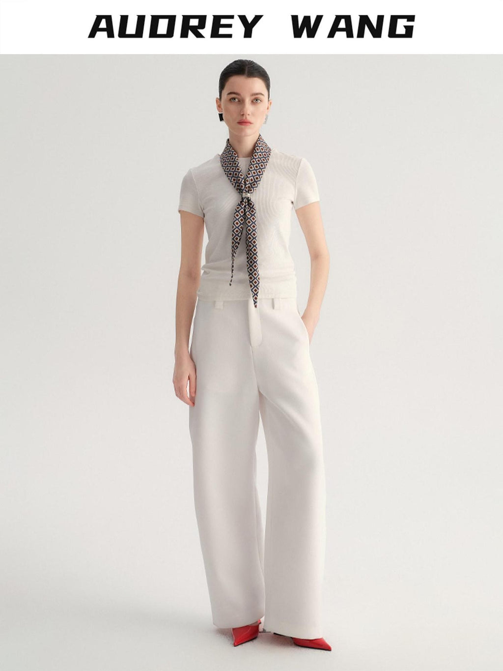 audreyyang Smart Office Natural Waist Zip Fly Polyester Blend Black White Straight Pants