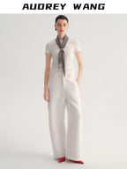 audreyyang Smart Office Natural Waist Zip Fly Polyester Blend Black White Straight Pants