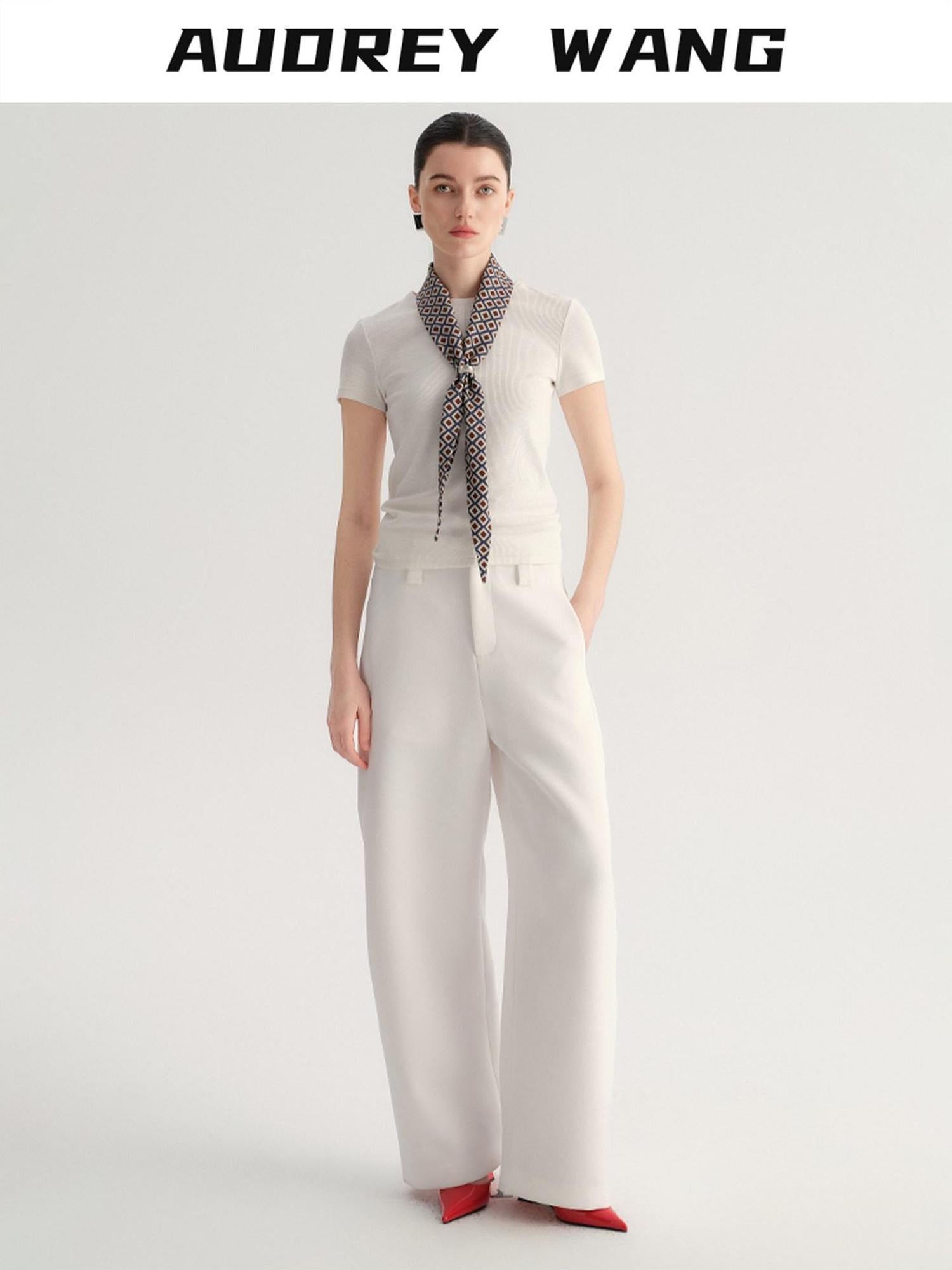 audreyyang Smart Office Natural Waist Zip Fly Polyester Blend Black White Straight Pants