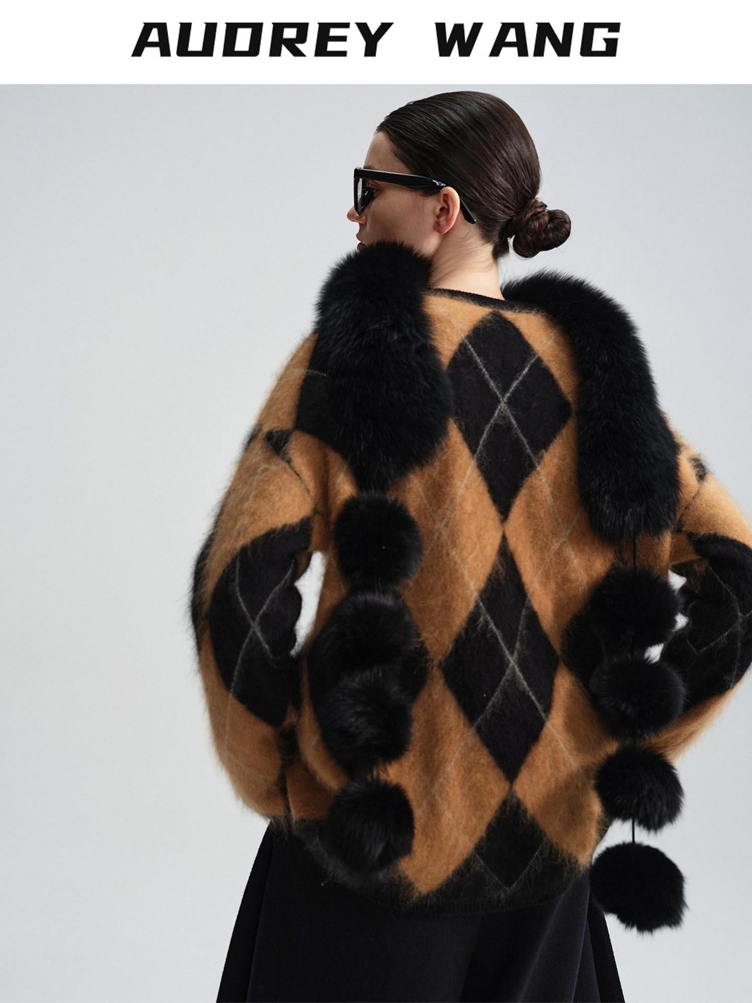 audreyyang Thick Wool Cashmere Vintage Straight Fit Brown Diamond Knit Women Sweaters