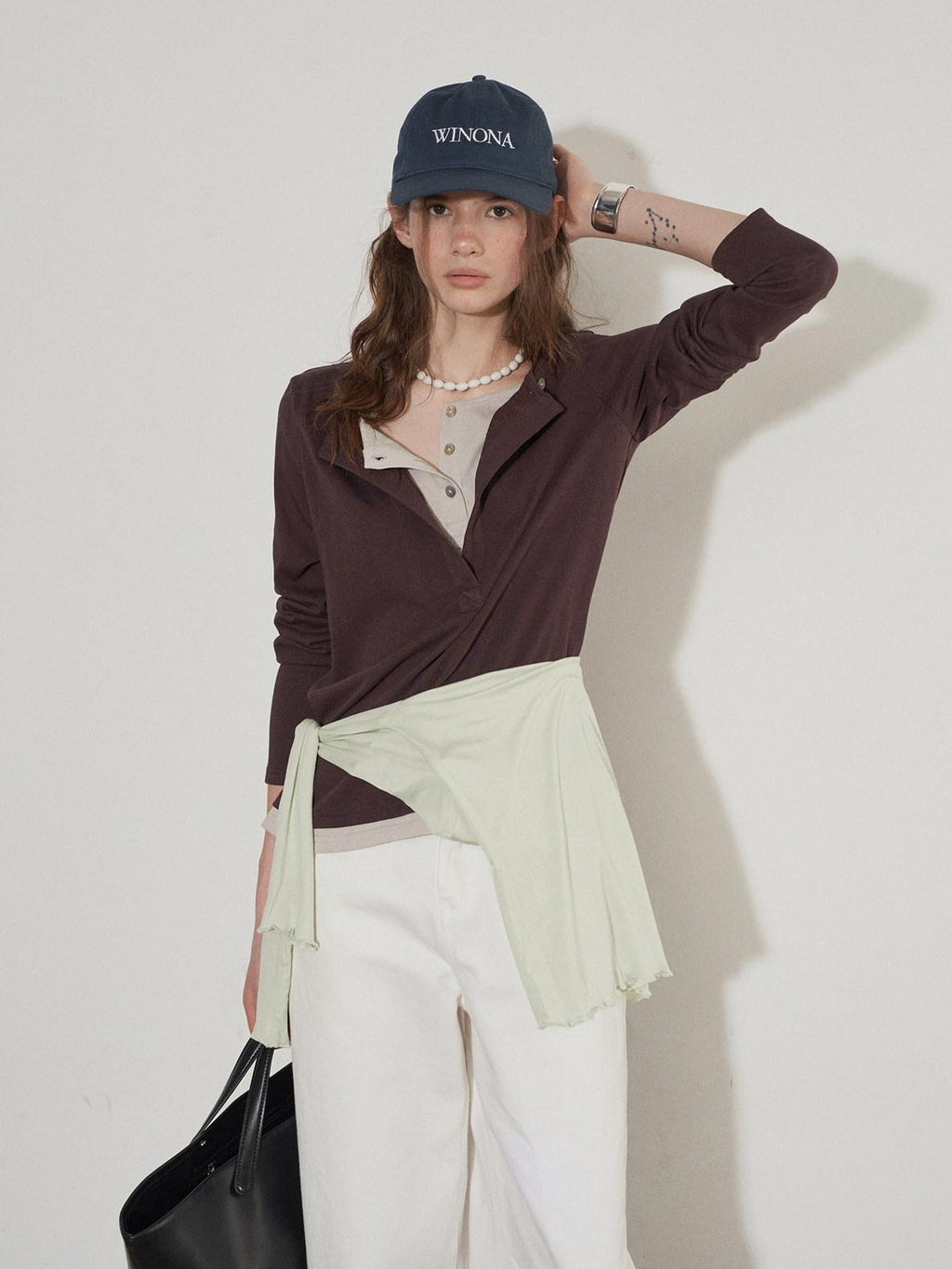 Lofi choose Cotton Blend Button Collar Loose Commuter Womens Purple Long Sleeve T-Shirts