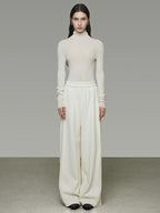 unspoken Comfort Elastic Natural Waist Minimal Solid White Polyester Blend Wide Leg Pants