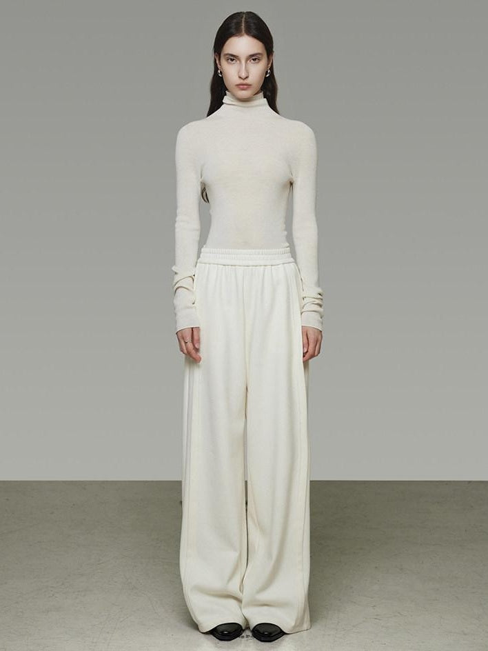unspoken Comfort Elastic Natural Waist Minimal Solid White Polyester Blend Wide Leg Pants