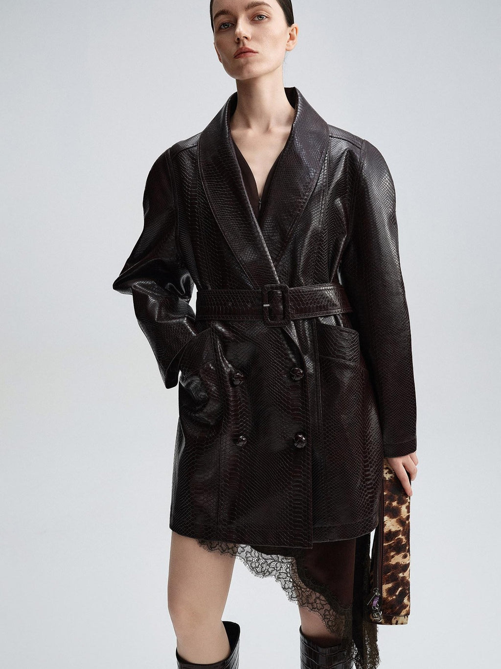 audreyyang Thick Vintage Croc Embossed Doublebreasted Midlength Women Pu Leather Jackets