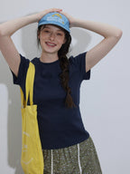 Lofi choose Embroidered Loose Fit Round Neck Office Women Purple Navy Short Sleeve T-Shirts