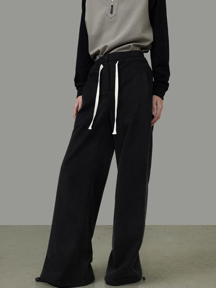 unspoken High Waist Drawstring Pockets Minimalist Workwear For Women Black Wide Leg Pants