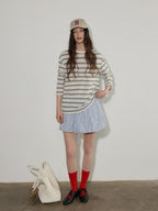 Lofi choose Polyester Blend Colorblock Blue Stripe Relaxed Crew Neck Long Sleeve T-Shirts