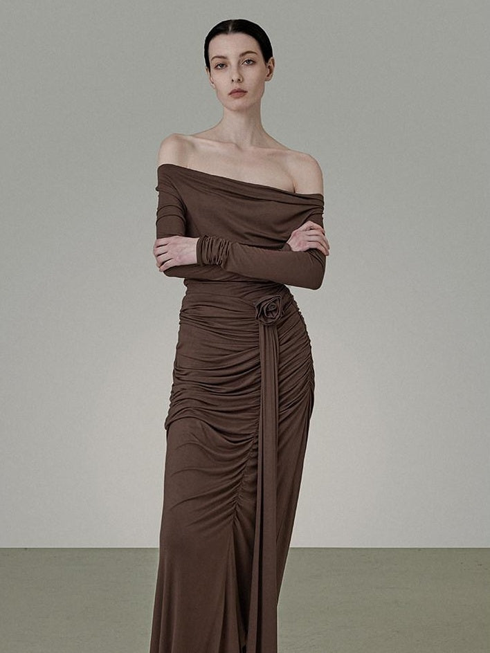 unspoken Slim Pleated Minimalist Workwear Women Pullover Polyester Brown Top & Skirt Sets
