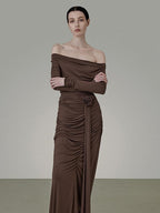 unspoken Slim Pleated Minimalist Workwear Women Pullover Polyester Brown Top & Skirt Sets