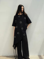 Rhinestone Asymmetric Loose Commuter Cotton Black Women Short Sleeve T-Shirts