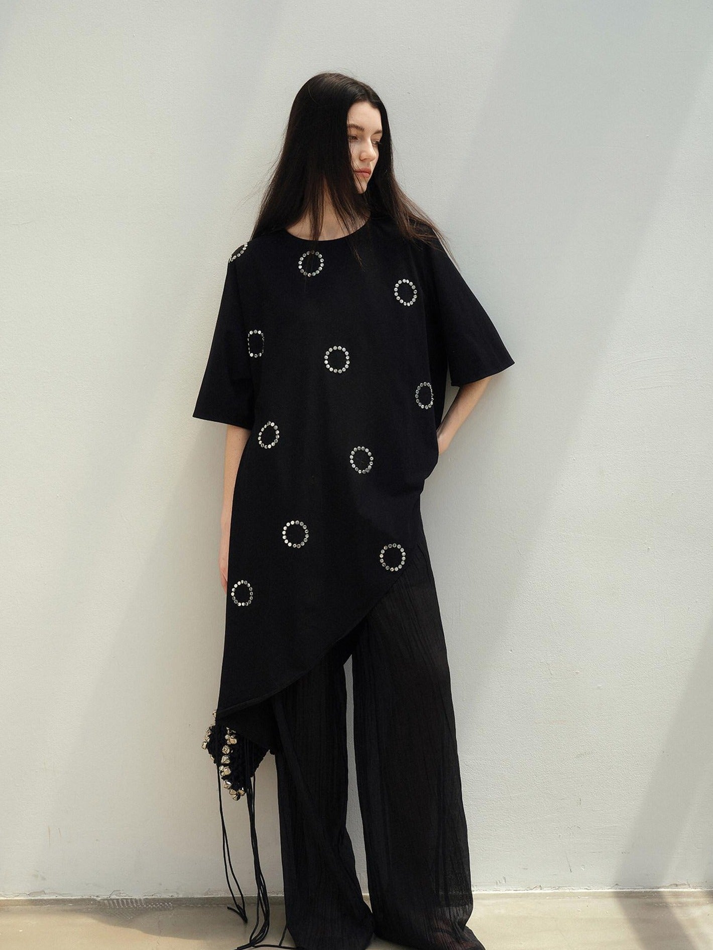 Rhinestone Asymmetric Loose Commuter Cotton Black Women Short Sleeve T-Shirts