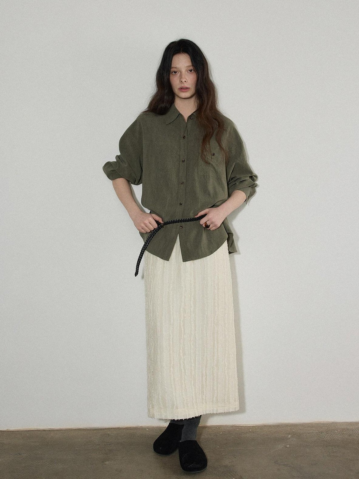 Lofi choose Breathable Lyocell Blend Pleated Loose Commuter Elastic Waist Maxi Skirts