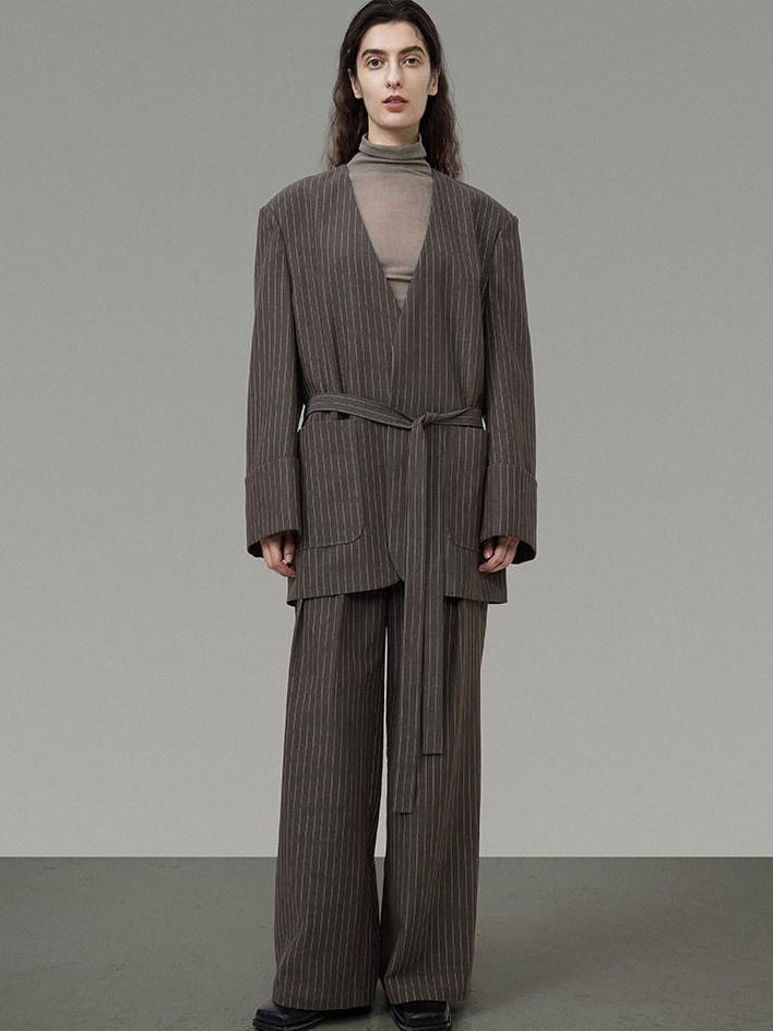 unspoken Minimalist V-neck Long Sleeve Tailored Brown Polyester Women Top & Pants Sets