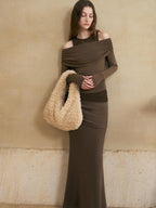 someonesometimes Flattering Mermaid Slim Fit Mid Rise Mocha Brown Knit Viscose Women Maxi Skirts