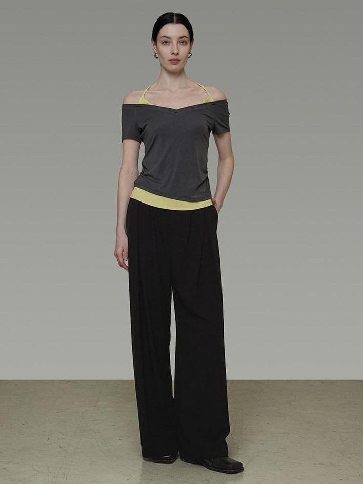 unspoken Moisture Wicking Lyocell Slim V-neck Patchwork Grey Green Halter Crop Tops