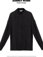 audreyyang Shape Retention Viscose Blend Loose Collared Button Women Black Top & Pants Sets