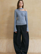 someonesometimes Viscose Blend Casual Slim Asymmetric Neck Knit Long Sleeve Sky Blue Sweaters