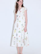 fano Cotton High Waist A Line V-neck Short Sleeve Floral Ivory Korean Maxi Dresses