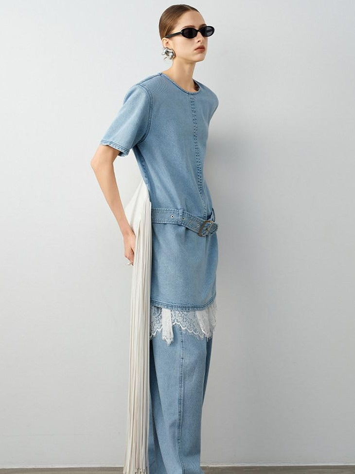 audreyyang Washed Tencel Micro Stretch Straight Fit Denim Blue Casual Short Sleeve T-Shirts