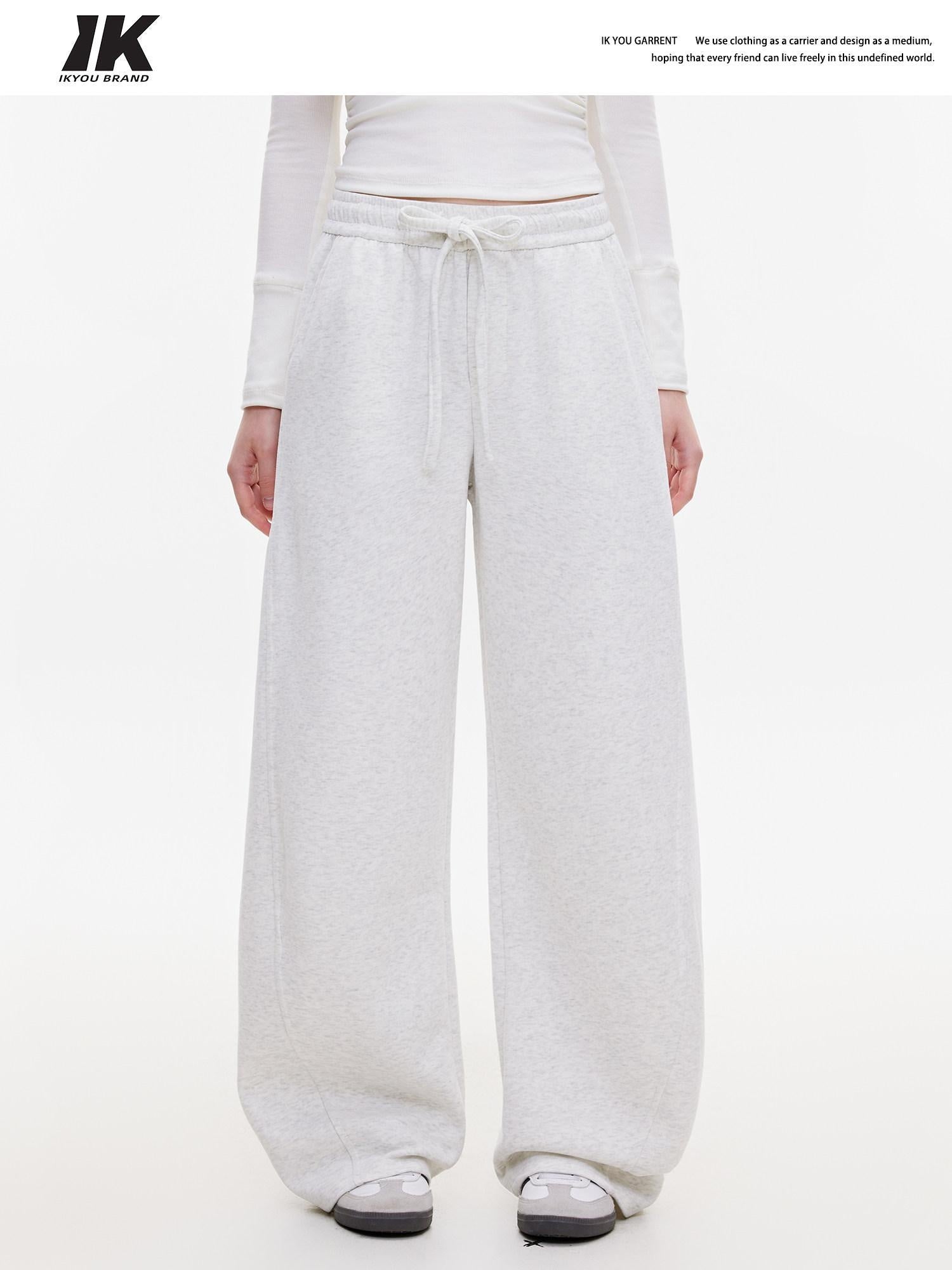 ikyou Thermal Casual Loose Pocket Elastic Waist Women Heather Gray Wide Leg Pants