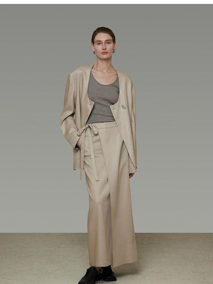 unspoken Breathable Tencel Loose Collarless No Button Minimalist Beige Women Blazers