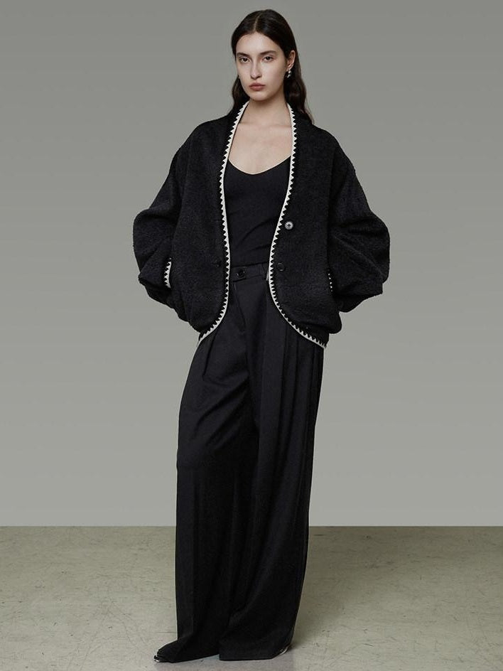 unspoken Minimalist Commuter Tailored Oversized V-neck Short Black Women Wool Coats