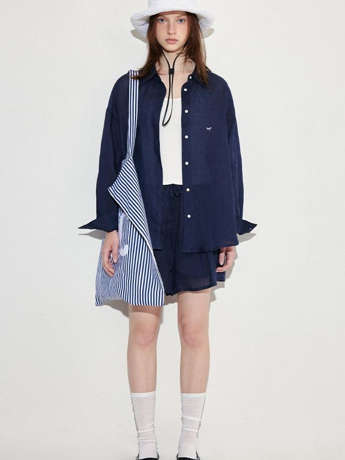 fano Comfortable Collared Long Sleeve Navy Two Piece Women Top & Shorts Sets