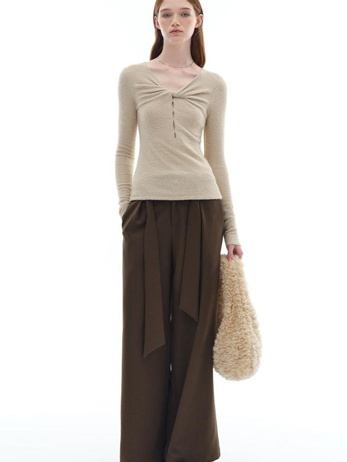 someonesometimes Soft Stretch V-neck Cutout Slim Fit Knit For Women Apricot Long Sleeve T-Shirts