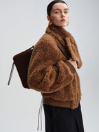 audreyyang Lambswool Trim Stand Collar Straight Short Zip Women Casual Bomber Jackets